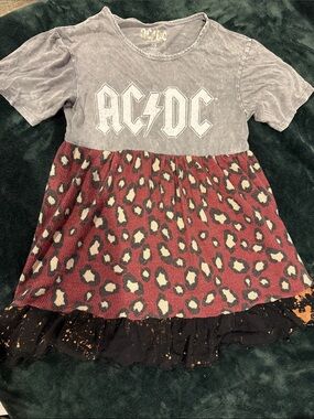 AC/DC Gray Logo Handmade Dress with Red Leopard Panel